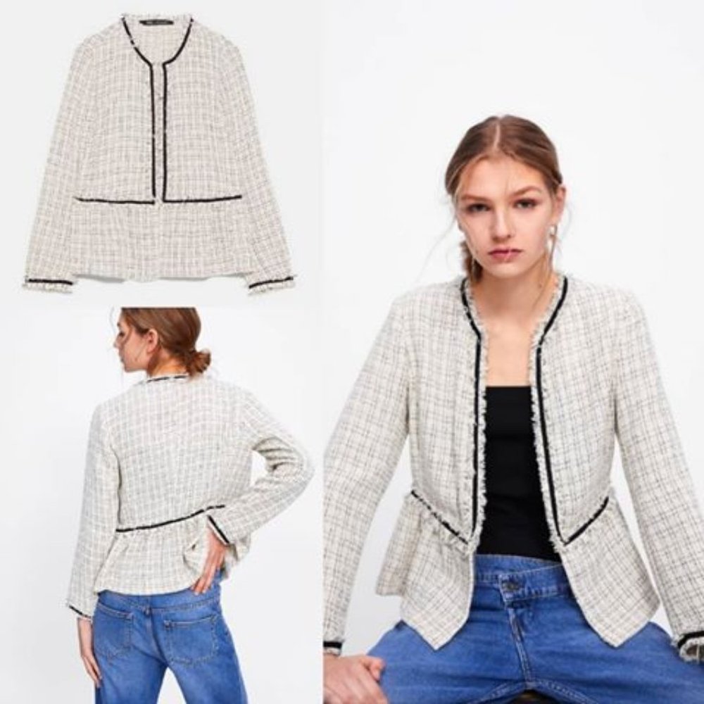 ZARA TEXTURED TWEED VELVET DETAIL BLAZER JACKET $79.90 - Picture 9 of 16